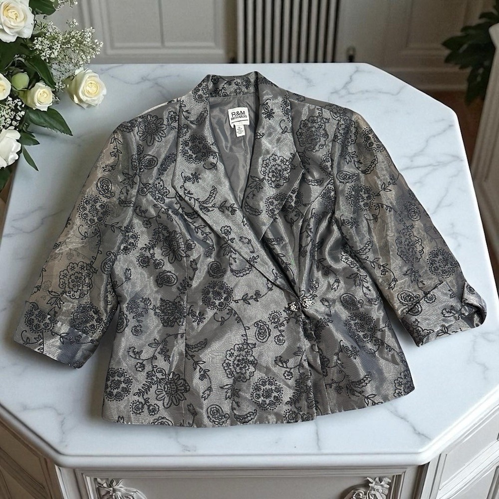 RM Richard's Womens Size 12 Black Floral Blazer 3/4 Sheer Sleeve Embroidered